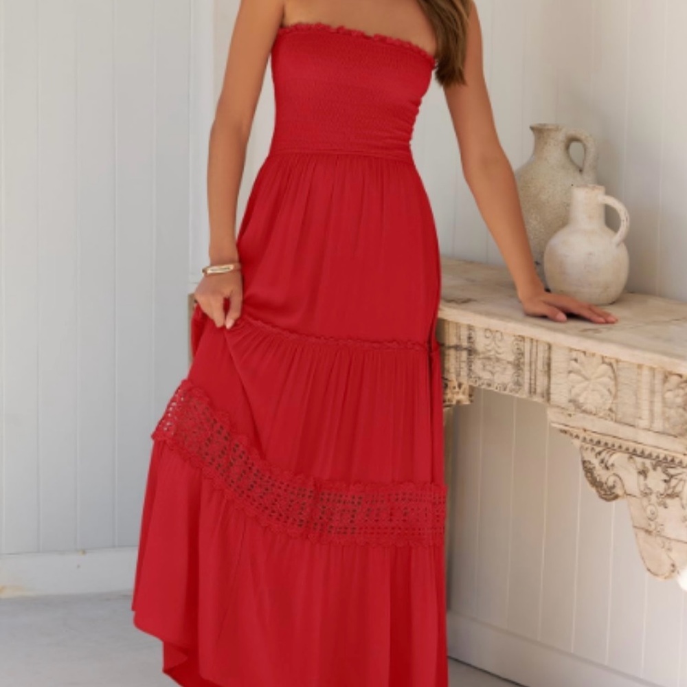 Women’s Summer Lace Strapless Bohemian Beach Maxi Dress Red, Medium, New